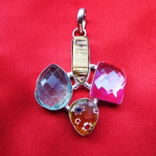 Rosa Aqua Mystic Biwa Perle 925 Silber Anhänger, 4 Edelsteine, Größe 61 mm