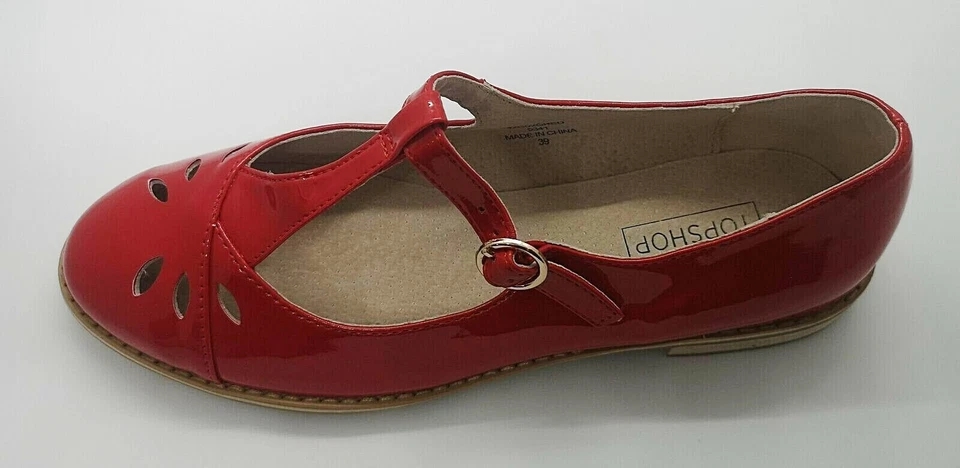 Topshop Gwenny Mary-Jane Patente Plana T Bar Zapatos Rojos Tallas 3-9 Mujeres Moda Foto 3 de 4