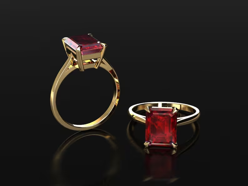 2 Ct Emerald Cut Natural Ruby Birthstone Ring in 14K Gold Plated