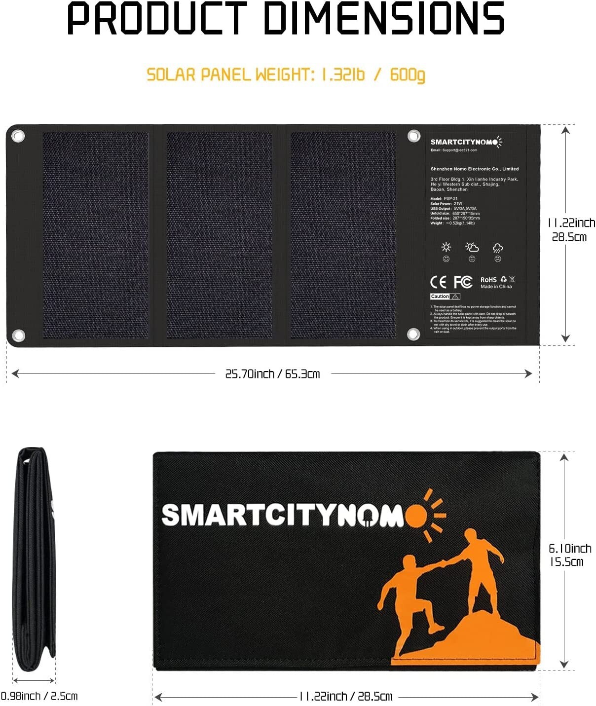Portable Solar Panel 21Watt Monocrystalline - Foldable Lightweight Backpack Sola