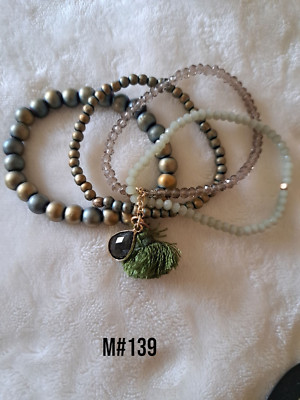 Bracelet Multi-Strand w/dangles Green Gold Copper Charcoal M5#139