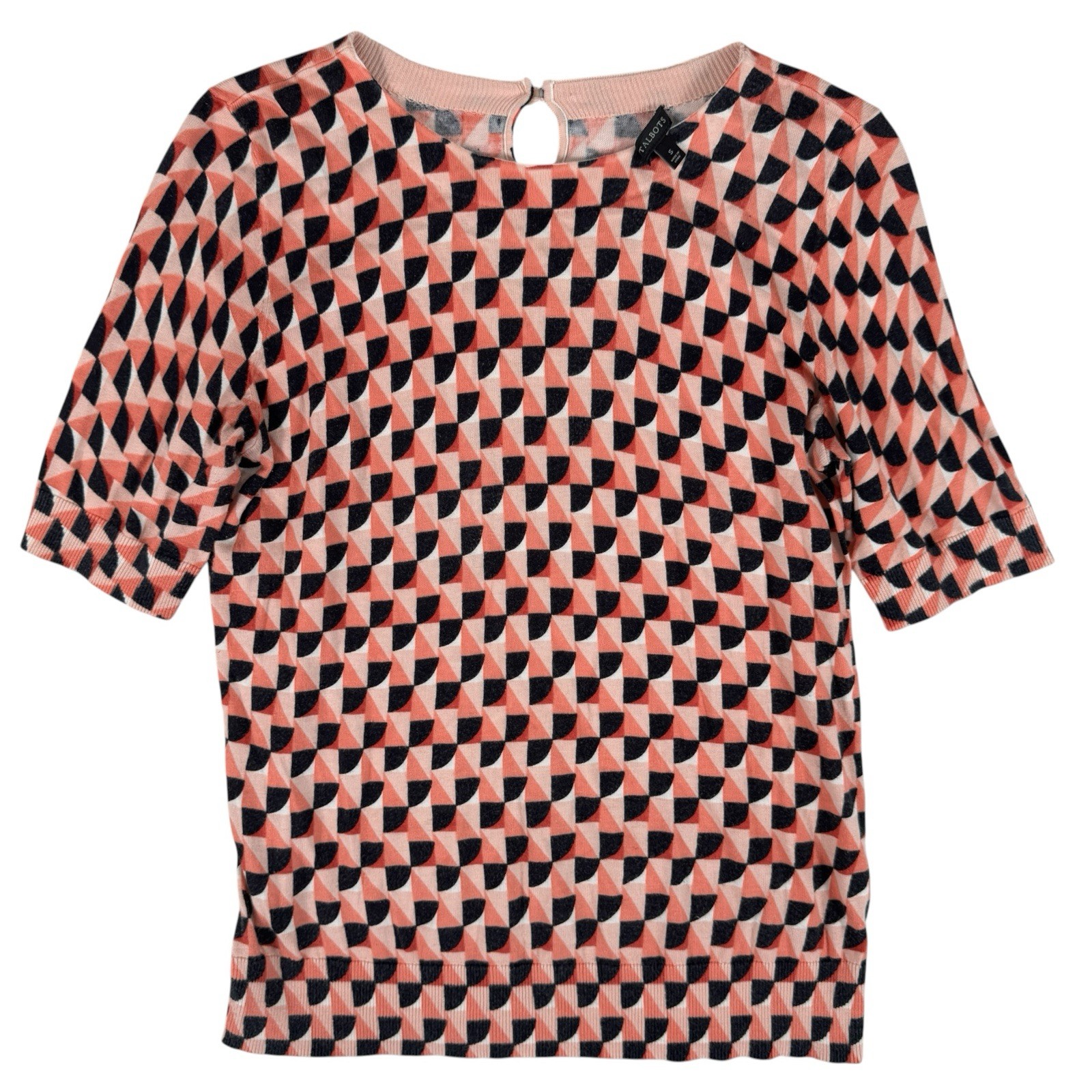 Talbots Peach Orange Geometric Short Sleeve Soft Cotton Knit Top Women's Size S