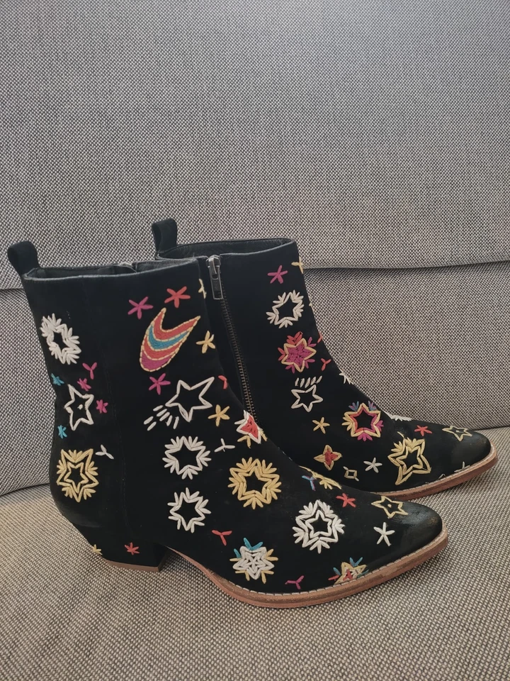 Botines FREE PEOPLE Bowers Bordados Cuero Negro Celestial Talla 7 Foto 3 de 4