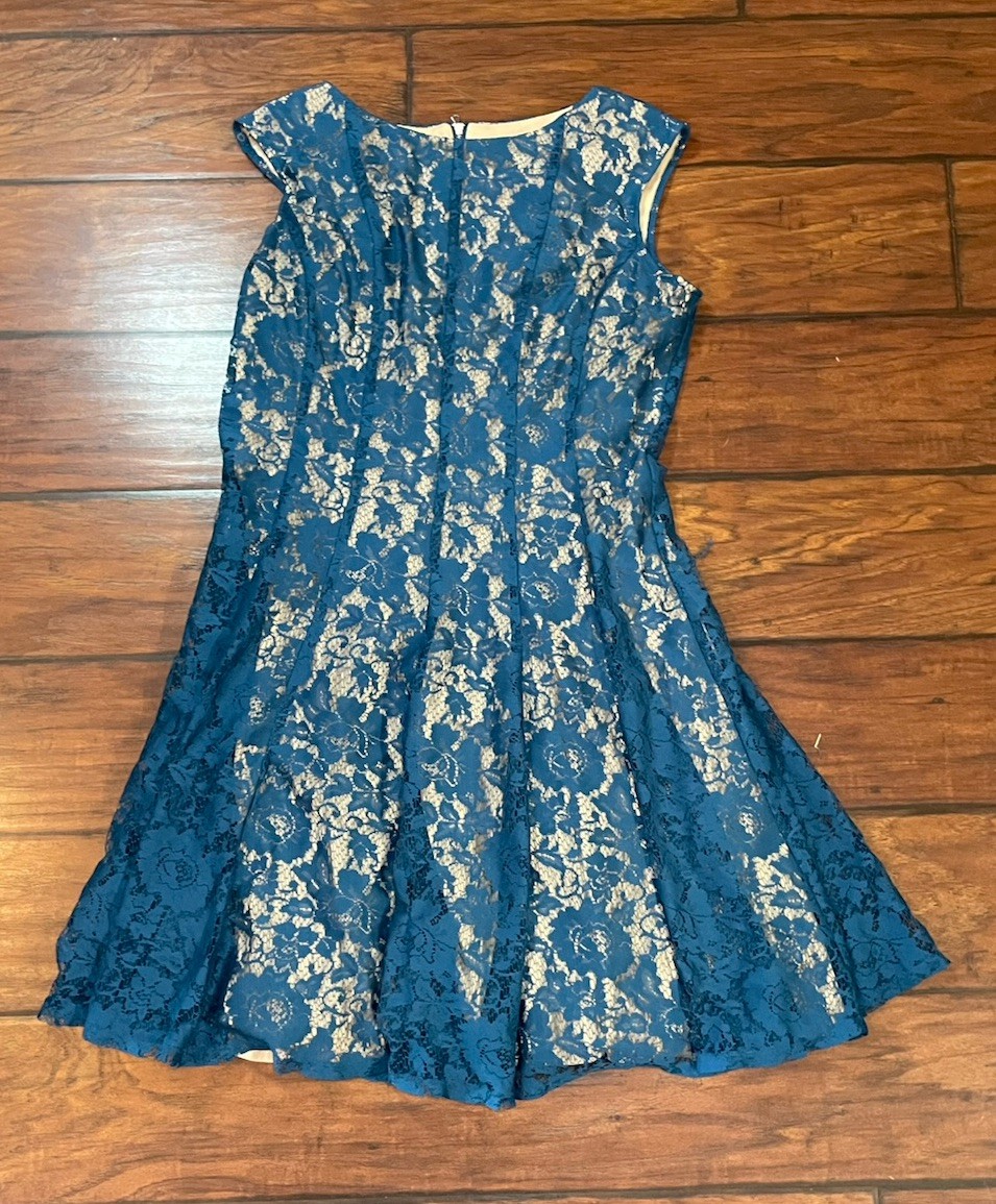 Danny And Nicole Size 14 Fit and Flare Dress Indigo Teal Green Floral Lace  Women