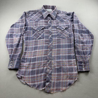 Vintage H Bar C Western Shirt Mens Medium Purple Plaid Pearl Snap Ranchwear 60s