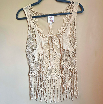 RoomMates Beige Lace Crochet Fringe Tie Front Sheer Vest Scoop Neck Women M
