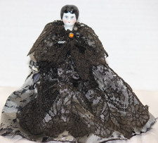 Antique doll house doll 7" black hair china shoulder head Marked 2 Orig Outfit