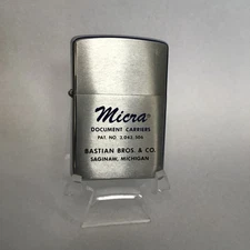1967 ZIPPO LIGHTER BASTIAN BROS. & CO. SAGINAW MICHIGAN MICRA DOCUMENTS CARRIERS