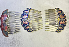 VTG Cloisonne Enamel Butterfly Hair Combs Cobalt Blue Pink Flowers Butterflies