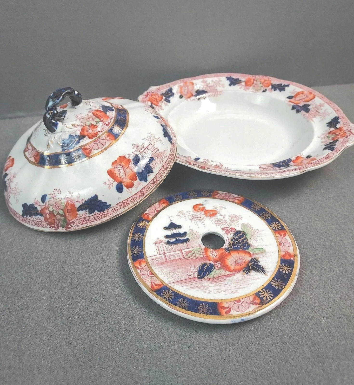 Antique Domed Butter Dish Imari 3pc - Rare Royal Staffordshire Yeddo Red Cobalt