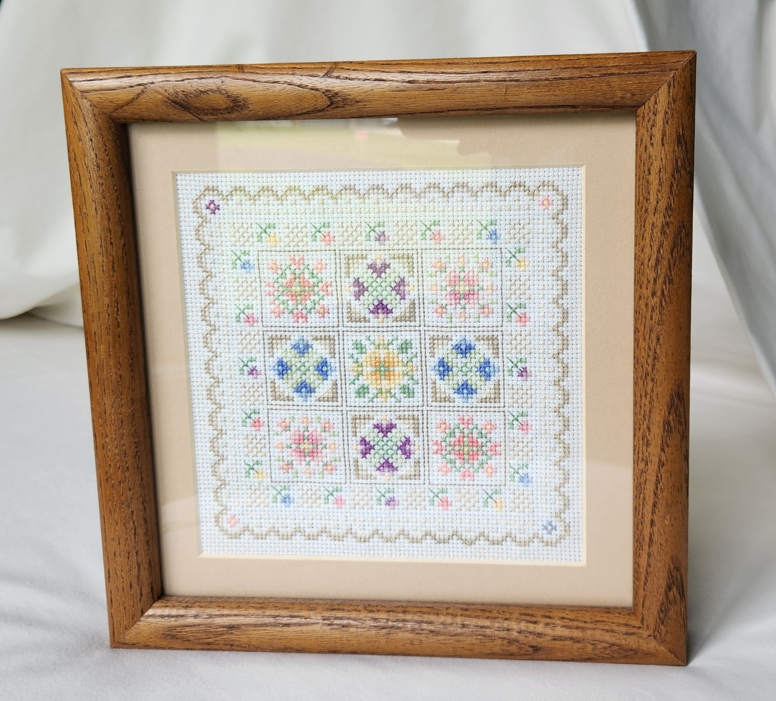 Framed Cross Stitch Quilt Blocks Handmade Wall Hanging Cottagecore Grannycore