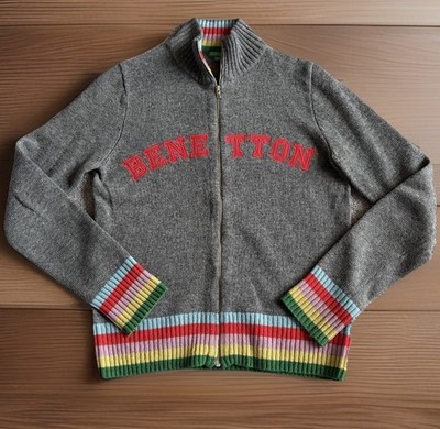 Vtg UNITED COLORS OF BENETTON Sweater Size 42 Multicolor Stripe Zip Up Cardigan