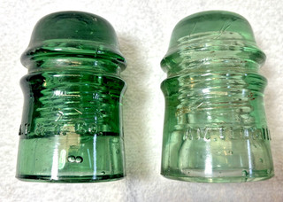 2 Vintage Antique A. T. & T. Co. and AM. TEL. & TEL. Co. Green Glass Insulators