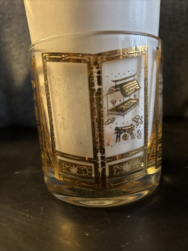 MCM Culver Glass 22KT Gold Asian Theme Raised Panel Relief Rocks Glass