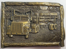 1977 VITAGE BERAMONT 7.5 OZ BRASS LOG TRUCK BELT BUCKLE 3 3/8" X 2 1/2"