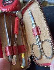 Vintage Manicure Tools Set Brush Red Leather Zipper Case Scissors Germany