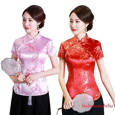 Women's Retro Tops Chinese Tang Blouse Cheongsam Traditional Short Sleeve Qipao