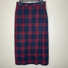 Vtg Sag Harbor Wool Blend Midi Skirt 12 Womens Plaid Academia Red Blue 90s Slit