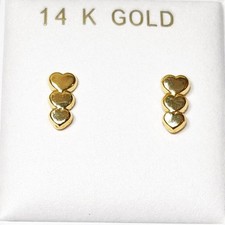 14K Gold 3 Sweet Hearts past present future Screw back Stud Earrings Girl Women