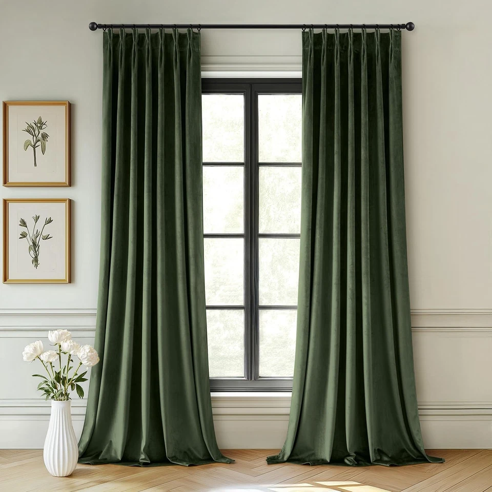  Olive Green Velvet Curtains 96 inches Long, Pinch Pleated Blackout Drapes - Image 2 of 4