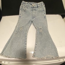 SheIn Girls Flared Distressed Fringe Stretch Light Blue Denim Jeans Size 4Y
