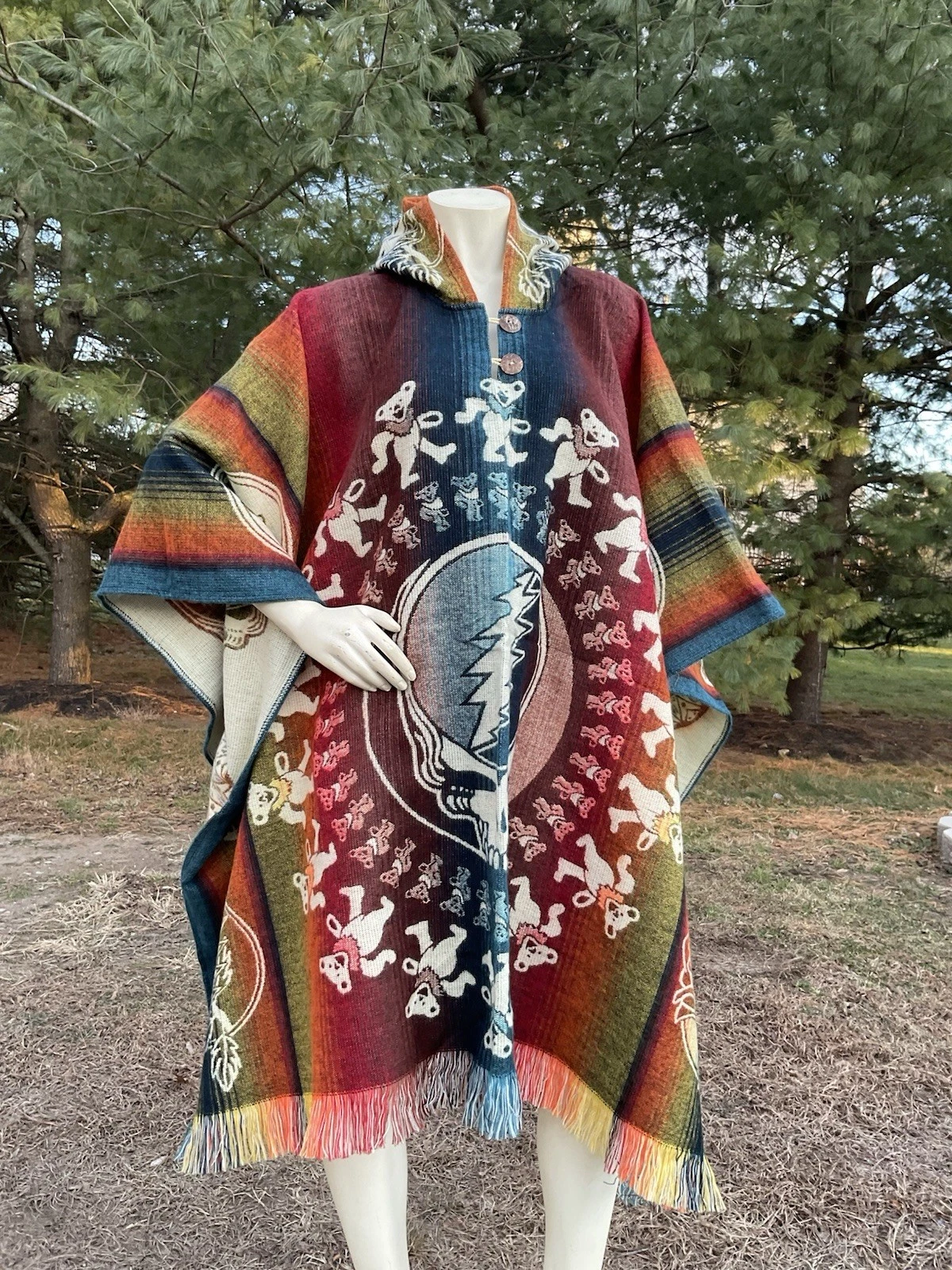 Handcrafted ALPACA WOOL PONCHO, Grateful Dead Bear Mandala, One Size, Unisex