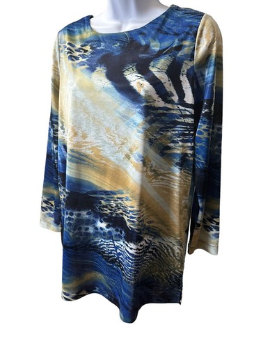 Susan Graver flüssiges Strick Langarm Top Größe Small blau hellbraun abstrakt - Bild 2 von 8