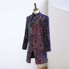 Men Formal Sequin Zip Up Tuxedo Long Jacket Dress Suit Blazer Showman Costume