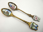 Lot of 2 Russian Enameled Teaspoons Gold Plated St Basil Cathedral & Fruit Berry