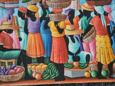 COLORFUL NAIF STREET VENDORS PAINTING BY HAITIAN MASTER ERNST JEAN