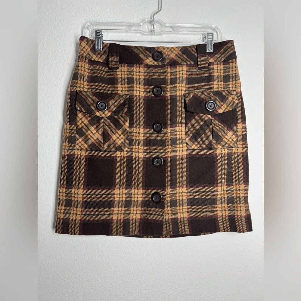 LOFT Ann Taylor Plaid Skirt Mini Brown Flannel Sz Button Front