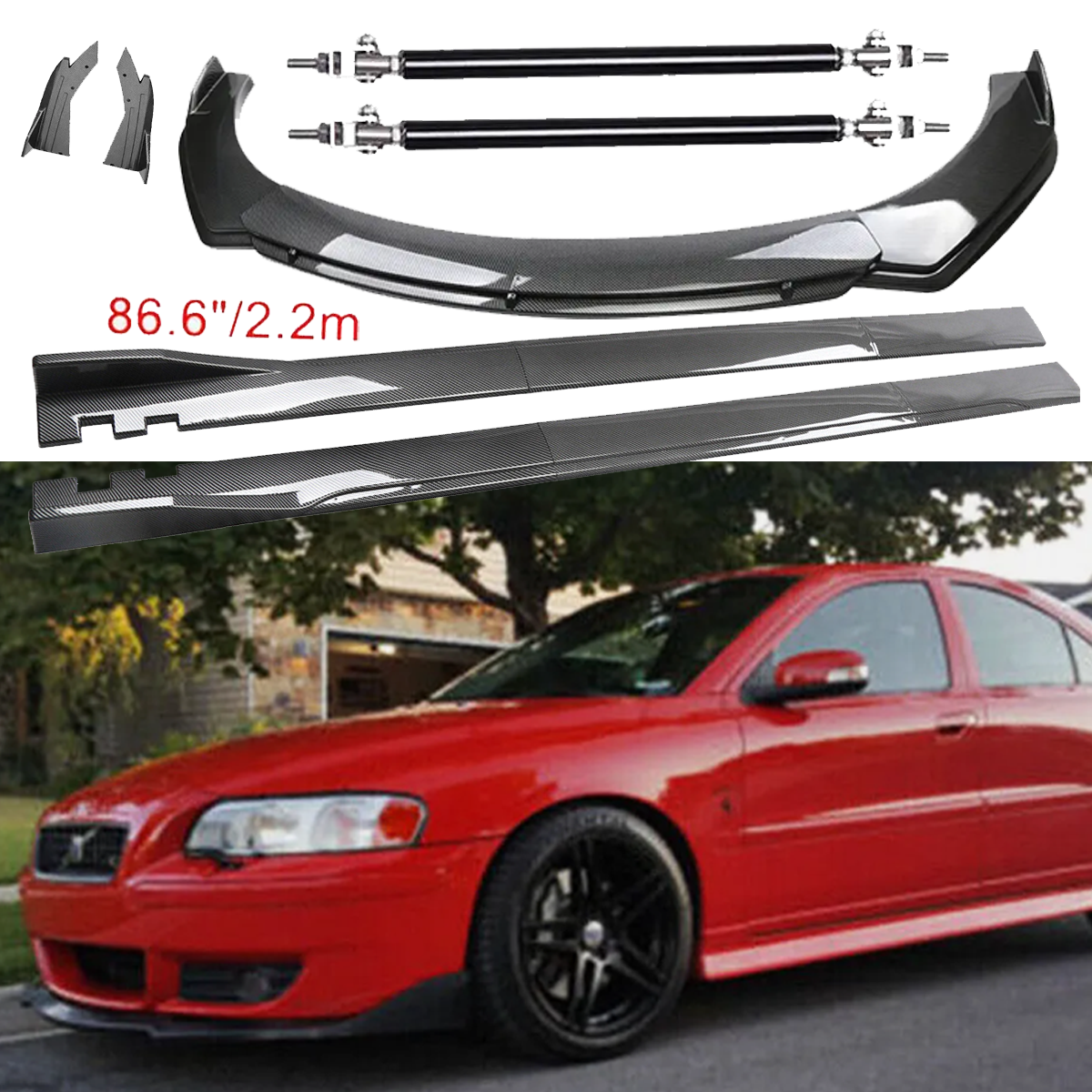Carbon Fiber Front Bumper Lip & Side Skirt Kit for Volvo S40 S60 S70 86.6in