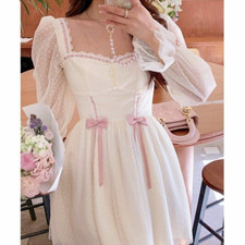 Vintage Lolita Dress Casual Bow Long Sleeve Lace Dress  Elegant One Piece Dress