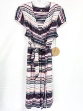 Dakini Womens XL Dress Faux Wrap Multi Stripe Short Sleeve Tie Waist Active NEW