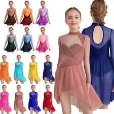 US Girl Rhinestone Figure Skating Dress Long Sleeve Mesh Splice Lyrical Leotard