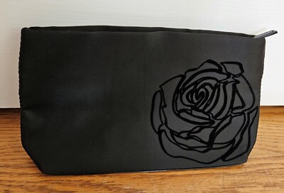 NEW Lancome black silky satin Clutch Evening Bag Purse with Rose Accent