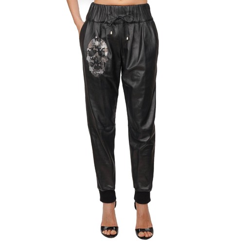 Philipp Plein Crystal Skull Metal Logo Leather Pants Trousers BLACK S