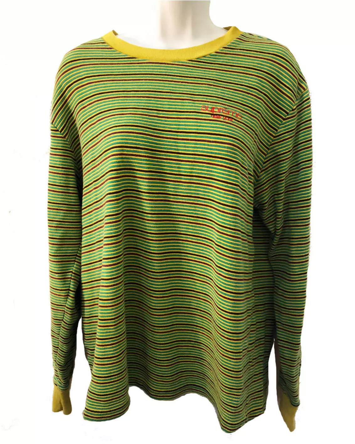 Chemise col rond manches longues rayée vert bleu logo classique Supreme New York M