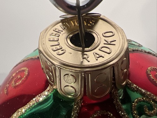 2 -Radko Red Green Stripe Gold Curls Indent Reflections Glass Christmas Ornament - Picture 6 of 8