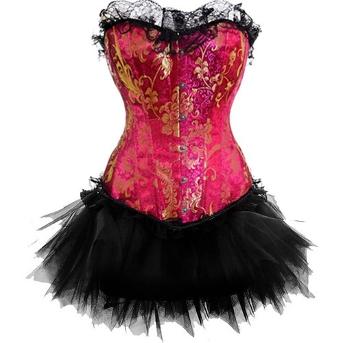 Women's Overbust Burlesque Corset Bustier Top With Mini TuTu Skirt Fancy Dresses - Picture 26 of 39