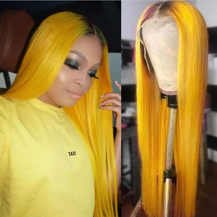 Long Ombre Yellow Lace Front Wigs Straight Syntehtic Hair 