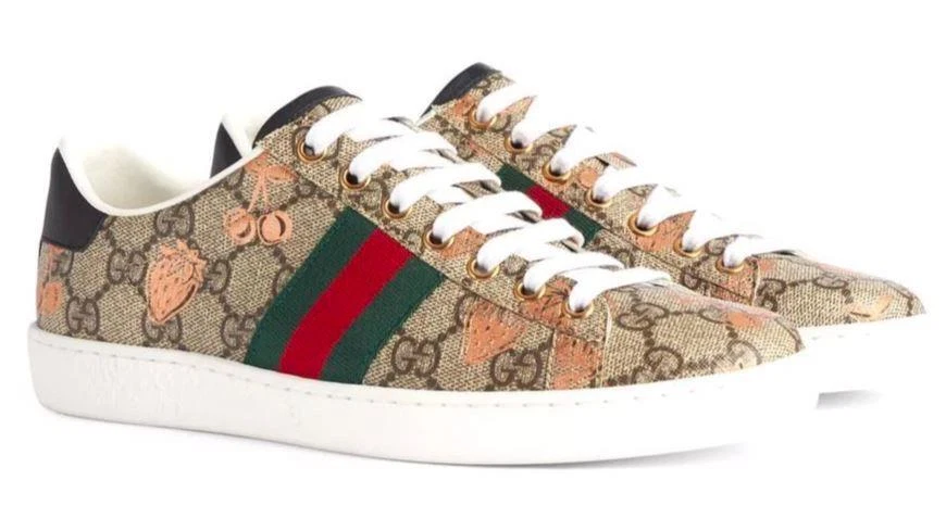 NEW GUCCI LADIES ACE GG SUPREME WEB DETAIL BERRY PRINT SNEAKERS SHOES 35