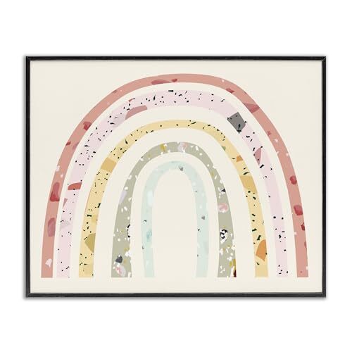Children's Abstract Pattern Striped Rainbow Over Beige Black Framed Wall Art,...