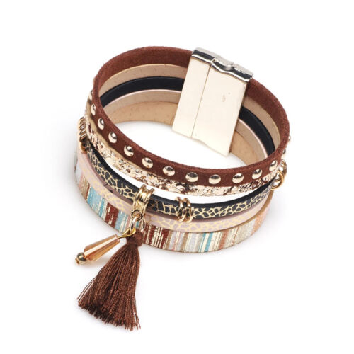 Braccialetti Donna Multi Strato Nappa Pelle Bracciali Fibbia Magnetica Braccialetto - Foto 2 di 22