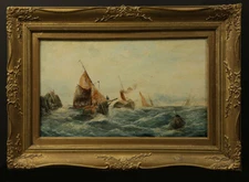 Ships in stormy ocean Wrek Escene Antique Painting 19 Century Seascape Ships 