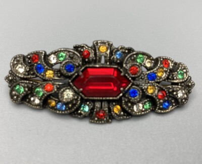 Czech Vintage Cast Brooch Red With Rainbow Glass Rhinestones 2 Inches Long