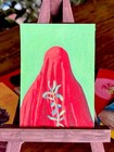 ACEO Original Acrylic Painting, Red Veiled Person Olives, Signed OOAK 2.5x3.5 — photo 1
