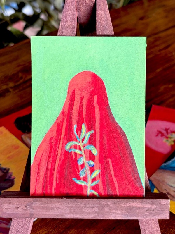 ACEO Original Acrylic Painting, Red Veiled Person Olives, Signed OOAK 2.5x3.5