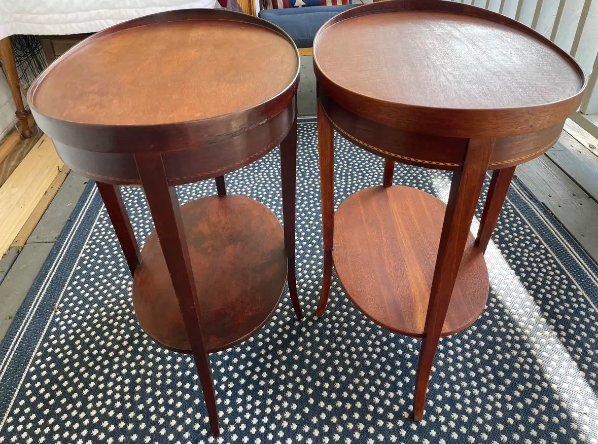 Vintage Mersman Mahogany Inlaid Wood Set of 2 Oval End Side Tables