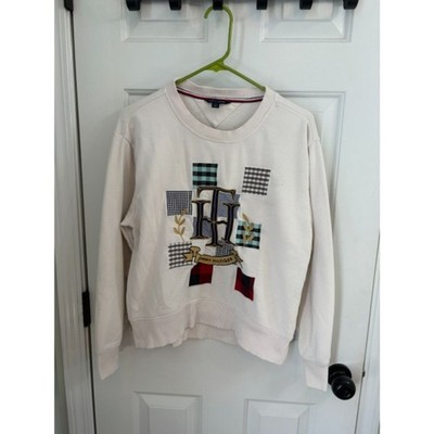 Tommy Hilfiger Women Medium Cream Crewneck Sweatshirt Patchwork Logo Crest